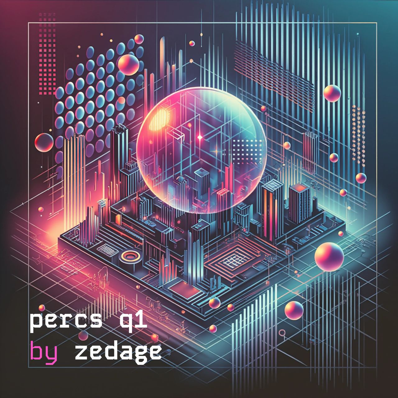 Birds eye view of a futuristic city rising through what looks like a computer chip